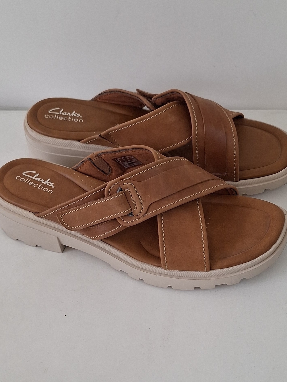 Clarks Brown Leather Cross-Strap Slide Sandals Size 12 W